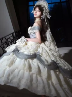 Robe Lolita fée blanche à volants épaules dénudées longueur au sol robe de bal Lolita pour tea party