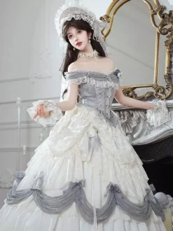 Robe Lolita fée blanche à volants épaules dénudées longueur au sol robe de bal Lolita pour tea party