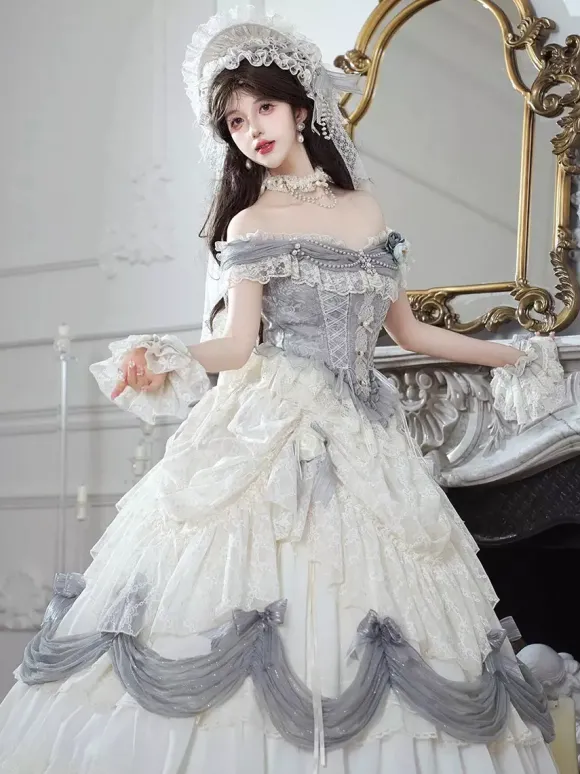 Robe Lolita fée blanche à volants épaules dénudées longueur au sol robe de bal Lolita pour tea party