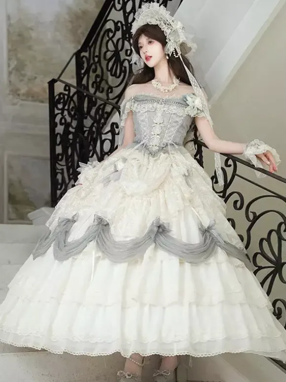Robe Lolita fée blanche à volants épaules dénudées longueur au sol robe de bal Lolita pour tea party