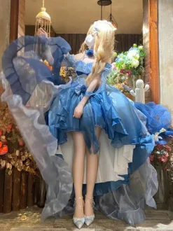 Robe Lolita Fée Bleue coupe asymétrique jolis n艙uds dos nu bretelles bandage et volants