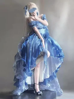 Robe Lolita Fée Bleue coupe asymétrique jolis n艙uds dos nu bretelles bandage et volants