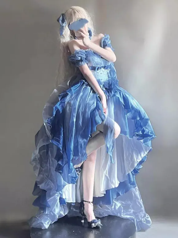 Robe Lolita Fée Bleue coupe asymétrique jolis n艙uds dos nu bretelles bandage et volants