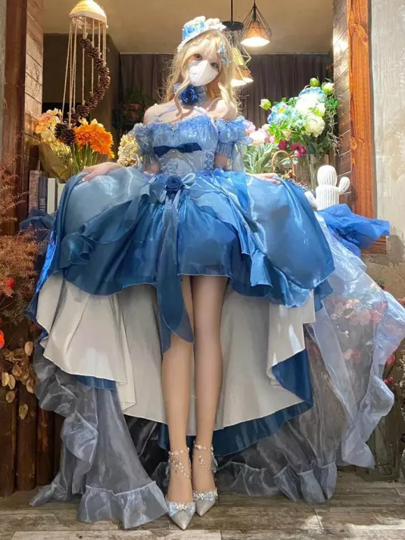 Robe Lolita Fée Bleue coupe asymétrique jolis n艙uds dos nu bretelles bandage et volants