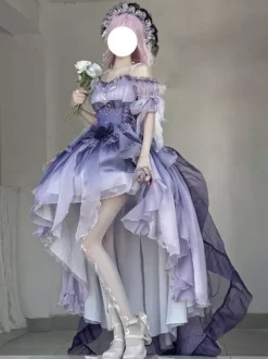 Robe Lolita Fée Bleue coupe asymétrique jolis n艙uds dos nu bretelles bandage et volants
