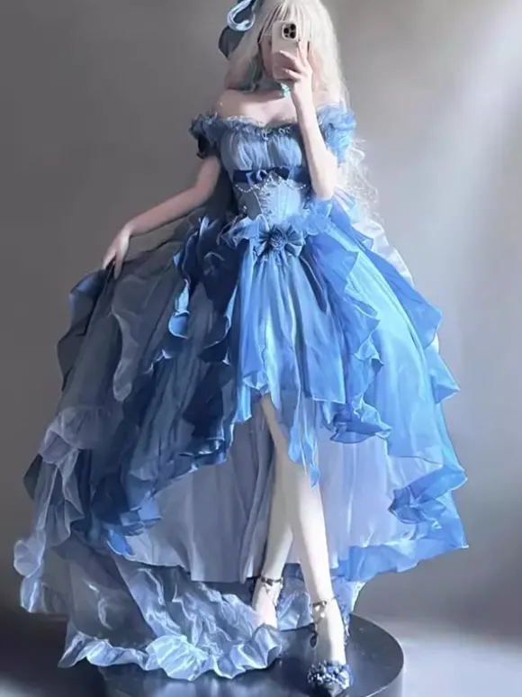 Robe Lolita Fée Bleue coupe asymétrique jolis n艙uds dos nu bretelles bandage et volants