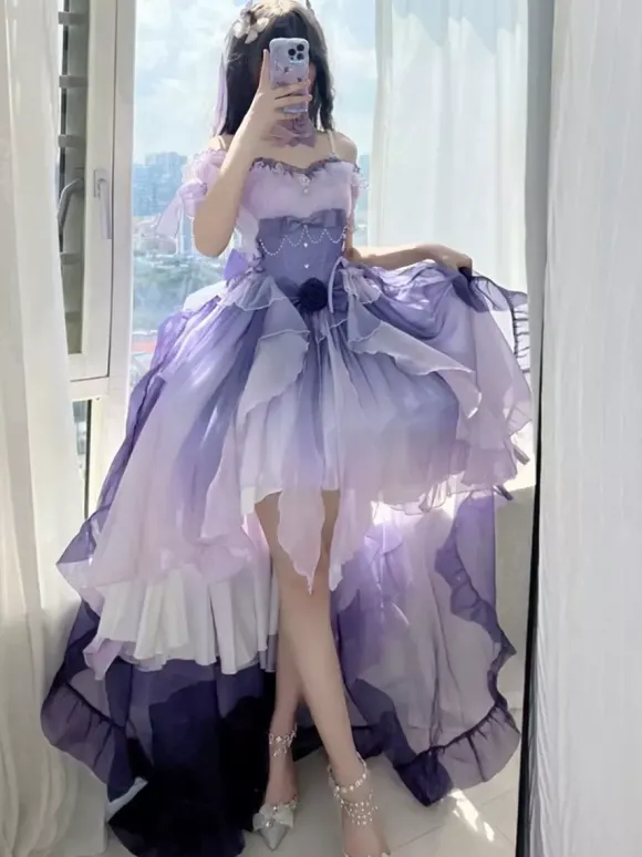 Robe Lolita Fée Bleue coupe asymétrique jolis n艙uds dos nu bretelles bandage et volants