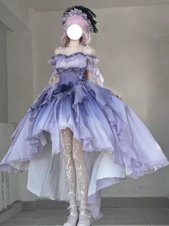 Robe Lolita Fée Bleue coupe asymétrique jolis n艙uds dos nu bretelles bandage et volants