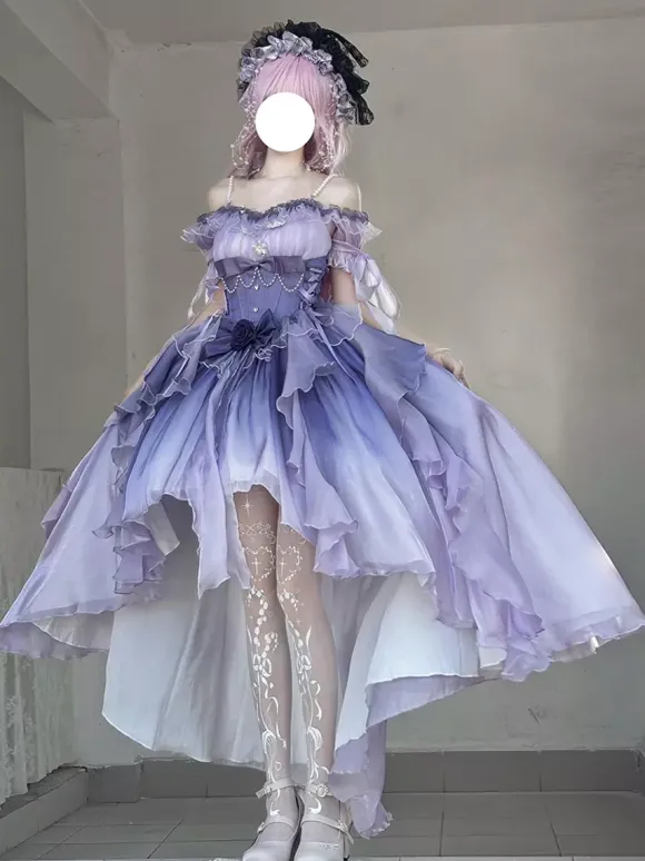 Robe Lolita Fée Bleue coupe asymétrique jolis n艙uds dos nu bretelles bandage et volants