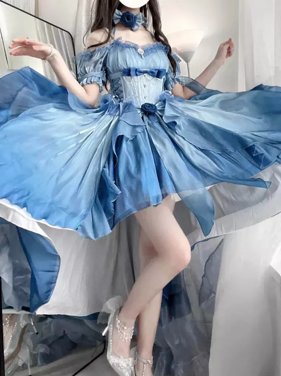 Robe Lolita Fée Bleue coupe asymétrique jolis n艙uds dos nu bretelles bandage et volants