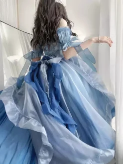 Robe Lolita Fée Bleue coupe asymétrique jolis n艙uds dos nu bretelles bandage et volants