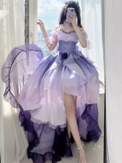 Robe Lolita Fée Bleue coupe asymétrique jolis n艙uds dos nu bretelles bandage et volants