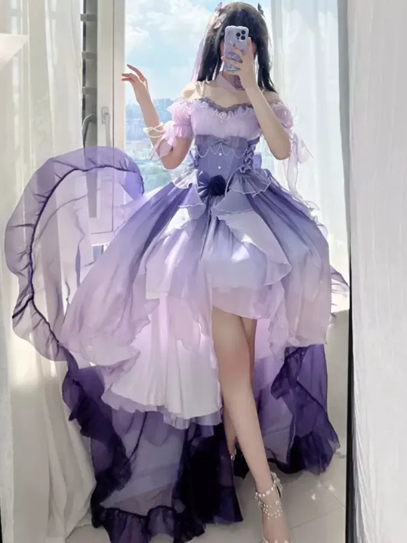 Robe Lolita Fée Bleue coupe asymétrique jolis n艙uds dos nu bretelles bandage et volants