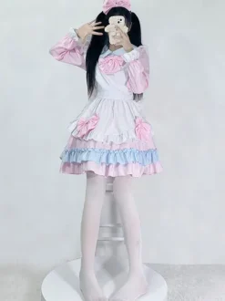 Robe Lolita Femme de ménage rose Robe à manches longues en polyester