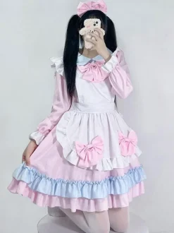 Robe Lolita Femme de ménage rose Robe à manches longues en polyester