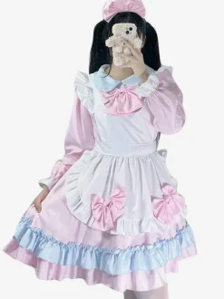Robe Lolita Femme de ménage rose Robe à manches longues en polyester