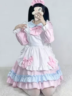 Robe Lolita Femme de ménage rose Robe à manches longues en polyester