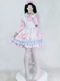 Robe Lolita Femme de ménage rose Robe à manches longues en polyester