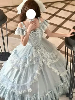 Robe Lolita féerique bleu ciel clair n艙uds volants bandage robe Lolita pour tea party