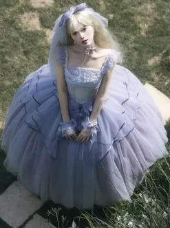 Robe Lolita féerique violet clair à lacets et volants sans manches robe de mariée Lolita