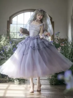 Robe Lolita féerique violet clair à lacets et volants sans manches robe de mariée Lolita