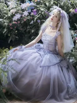 Robe Lolita féerique violet clair à lacets et volants sans manches robe de mariée Lolita