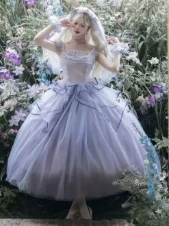Robe Lolita féerique violet clair à lacets et volants sans manches robe de mariée Lolita
