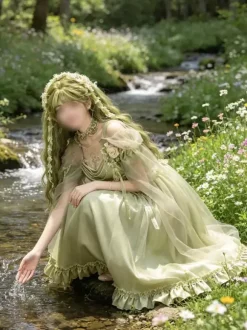 Robe Lolita Fée Verte à volants et fleurs longueur au sol robe Sweet Lolita