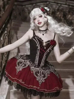 Robe Lolita Gothique Dentelle Rose Imprimé Floral Bordeaux Noir Rouge Robe Lolita