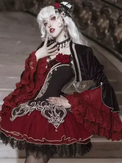 Robe Lolita Gothique Dentelle Rose Imprimé Floral Bordeaux Noir Rouge Robe Lolita