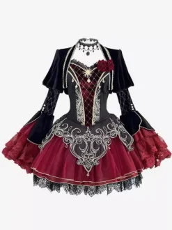 Robe Lolita Gothique Dentelle Rose Imprimé Floral Bordeaux Noir Rouge Robe Lolita