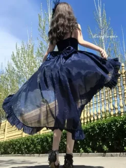 Robe Lolita gothique à n艙uds bleus laçage JSK à volants robe courte Lolita