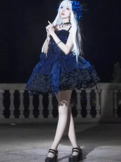 Robe Lolita gothique à n艙uds bleus laçage JSK à volants robe courte Lolita