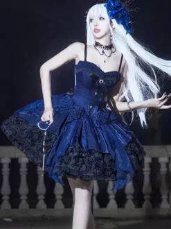 Robe Lolita gothique à n艙uds bleus laçage JSK à volants robe courte Lolita