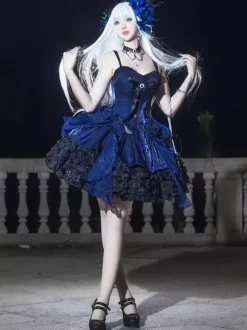 Robe Lolita gothique à n艙uds bleus laçage JSK à volants robe courte Lolita