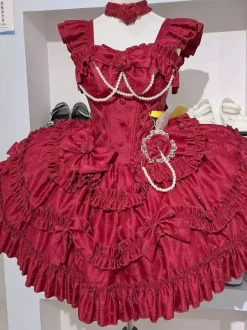 Robe Lolita Hime rouge dos nu en dentelle bandage volants n艙ud courte