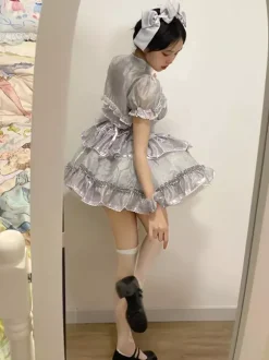 Robe Lolita Hime Sweet sans manches n艙uds style décontracté gris clair JSK