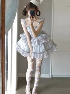 Robe Lolita Hime Sweet sans manches n艙uds style décontracté gris clair JSK