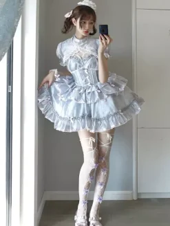 Robe Lolita Hime Sweet sans manches n艙uds style décontracté gris clair JSK