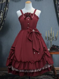 Robe Lolita JSK Classique Vert Encre Volants Arcs Sans Manches Polyester Lolita Jumper Jupe