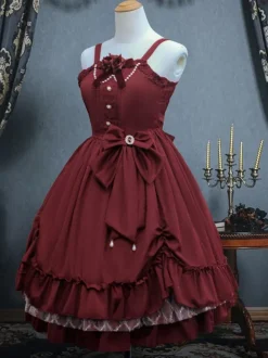 Robe Lolita JSK Classique Vert Encre Volants Arcs Sans Manches Polyester Lolita Jumper Jupe