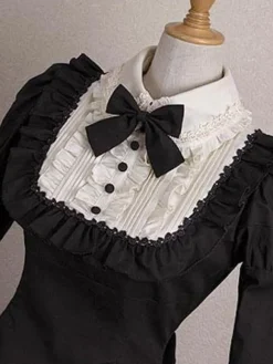 Robe lolita noire en coton avec noeud et noeud Jolie col à revers Déguisements