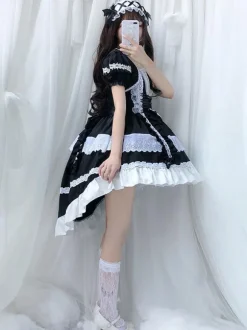 Robe Lolita OP Bonne Noir Blanche Manches Courtes Bouffantes Robes Une Pièce Lolita