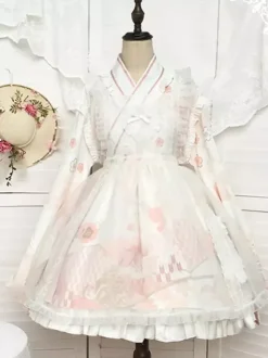 Robe Lolita OP de style japonais à manches longues imprimé floral n艙uds roses robes une pièce Sweet Lolita