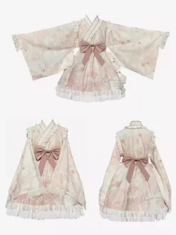 Robe Lolita OP de style japonais à manches longues imprimé floral n艙uds roses robes une pièce Sweet Lolita