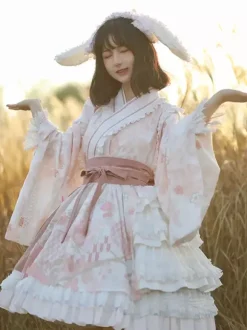 Robe Lolita OP de style japonais à manches longues imprimé floral n艙uds roses robes une pièce Sweet Lolita