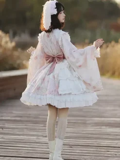 Robe Lolita OP de style japonais à manches longues imprimé floral n艙uds roses robes une pièce Sweet Lolita