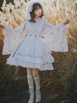 Robe Lolita OP de style japonais à manches longues imprimé floral n艙uds roses robes une pièce Sweet Lolita