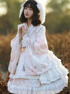 Robe Lolita OP de style japonais à manches longues imprimé floral n艙uds roses robes une pièce Sweet Lolita