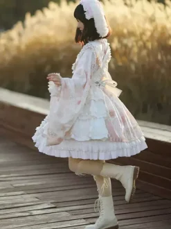 Robe Lolita OP de style japonais à manches longues imprimé floral n艙uds roses robes une pièce Sweet Lolita